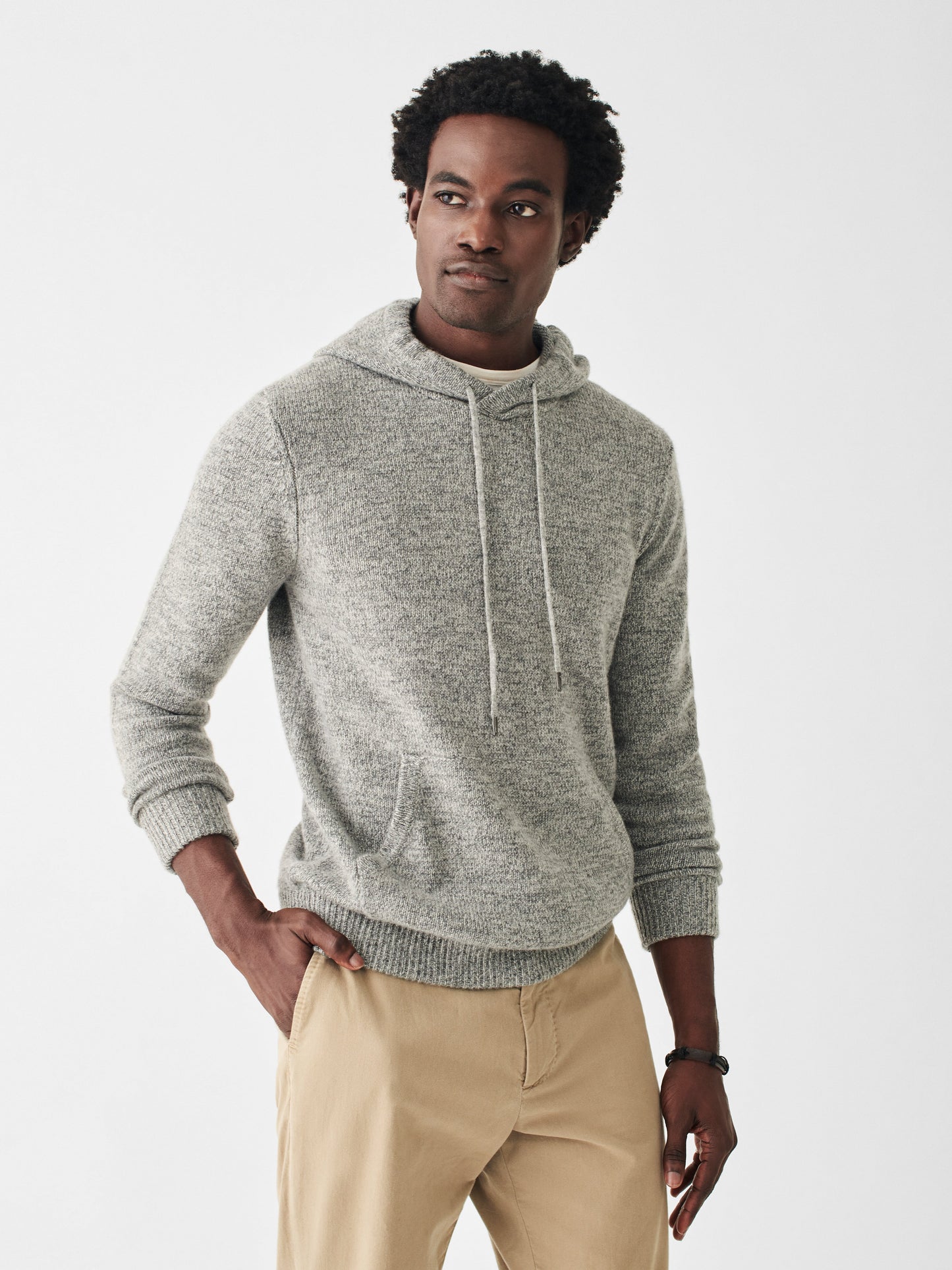 Cashmere Wool Popover Hoodie - Rock Grey Marl - L