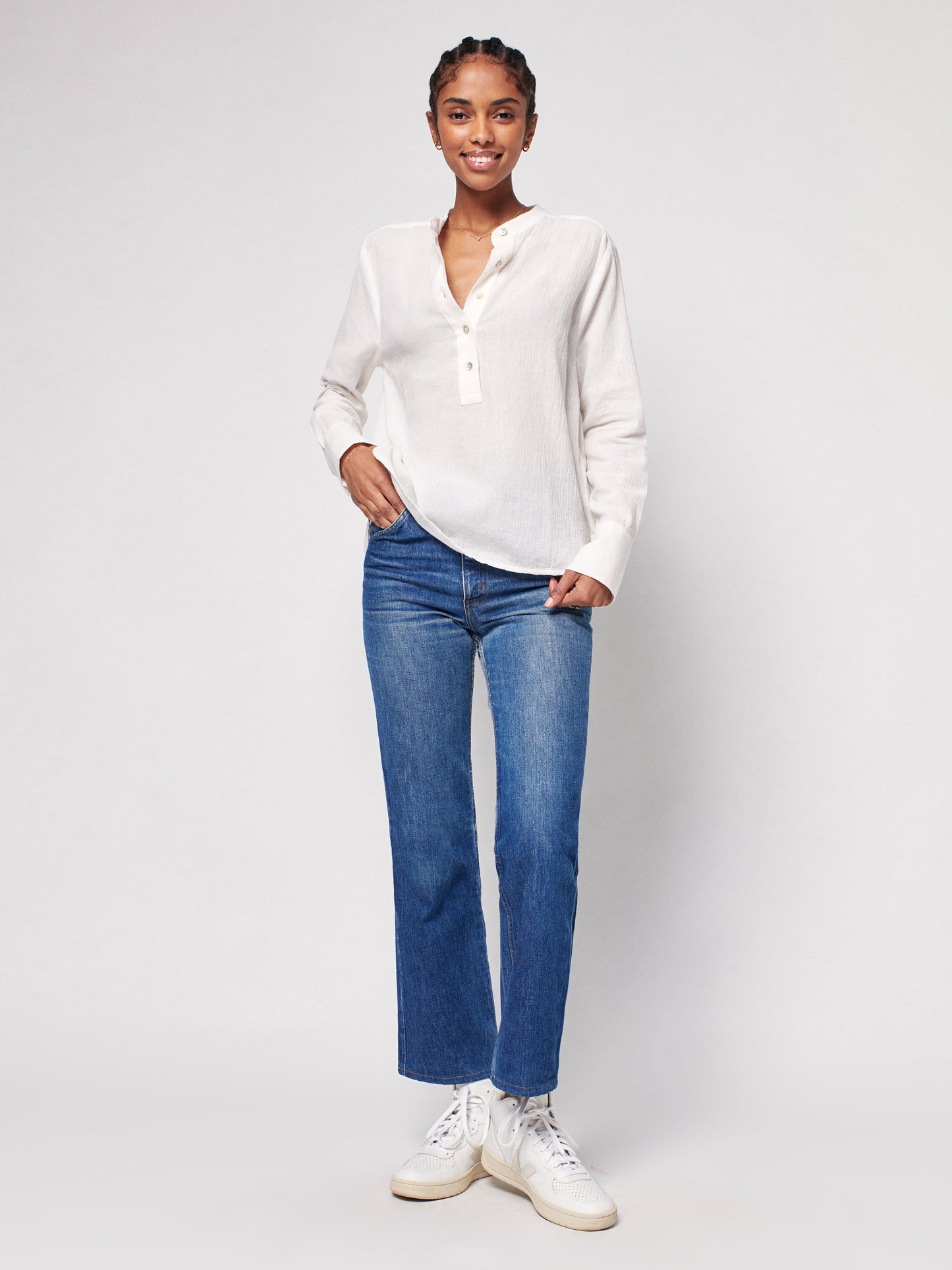 Dream Cotton Gauze Collarless Shirt - White