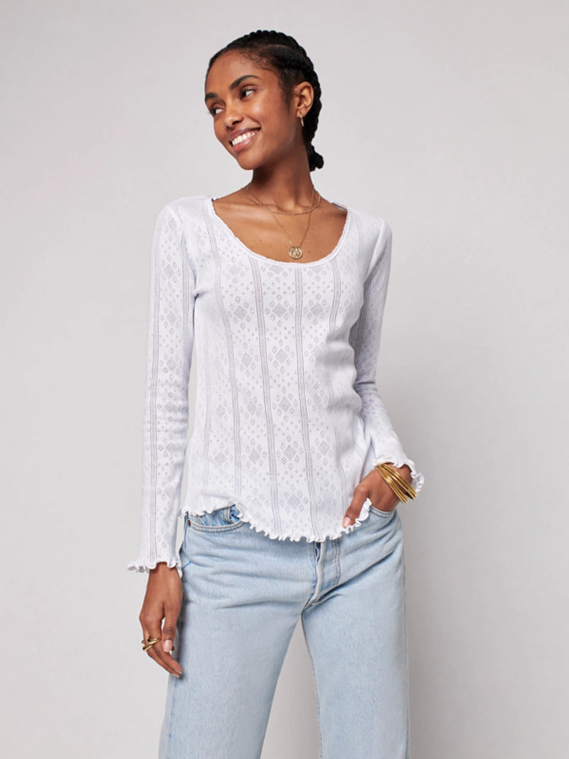 Pointelle Long-Sleeve Tee - White
